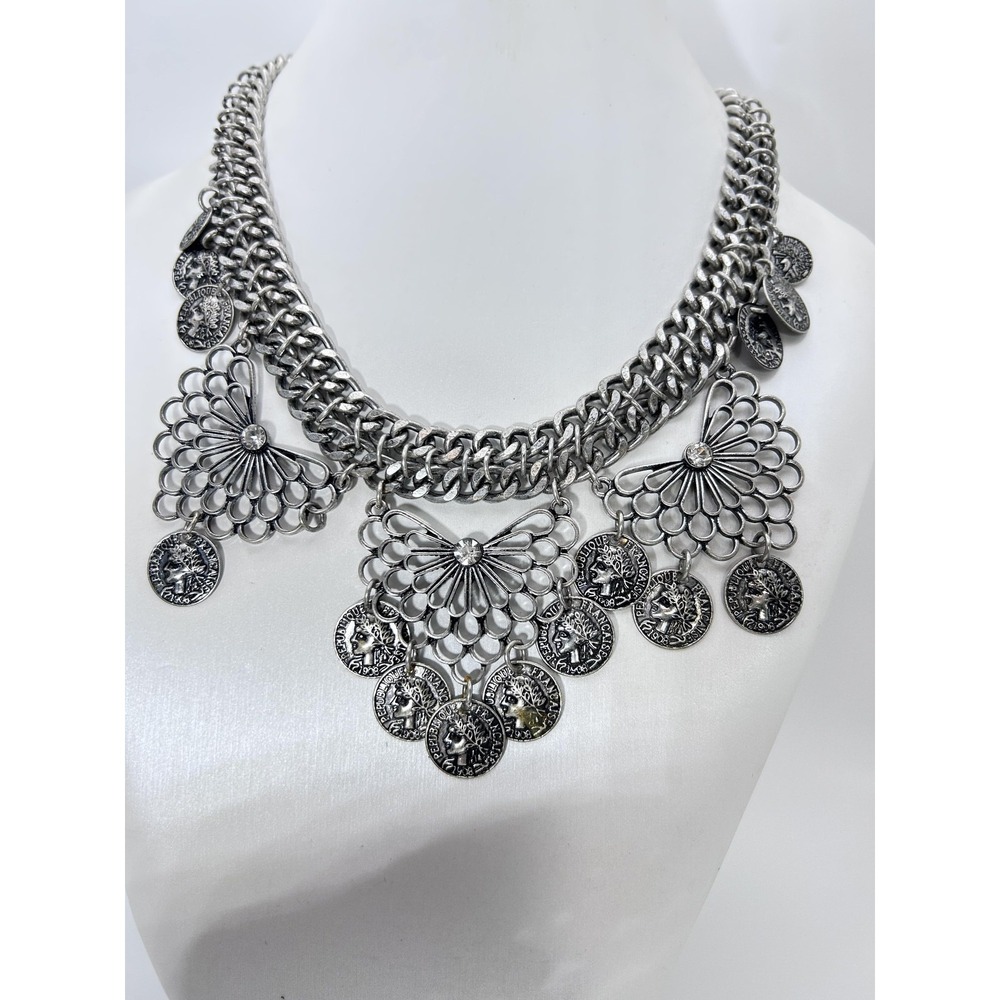 Vintage French 1908 Coin Bib Necklace Silver Tone Filigree Statement Boho